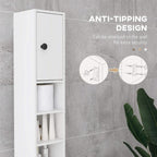 White slim bathroom cabinet with wall-attachment design and black knob handles.