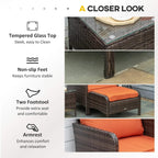 PE rattan set detail: tempered glass tabletop, non-slip feet, stool, and armrest cushions