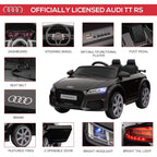 Black Audi TT RS ride-on car with dashboard, steering wheel, MP3 player and seat belt