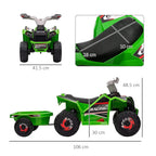 Green ride-on quad bike with back trailer, black seat, and visible size measurement panels