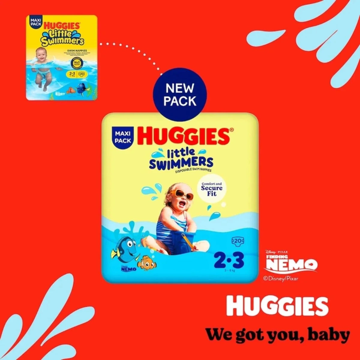 Huggies Little Swimmers maxi pack box with 'new pack' badge, size 2-3