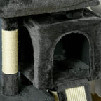 Black plush cat tree with round doorway cubby and sisal-wrapped side post close-up