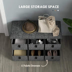 Dark grey shoe storage bench with open six-drawer compartments and padded lid