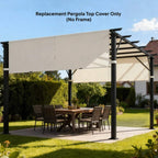 Cream white pergola top canopy cover over outdoor dining area with chairs.