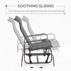 Grey seat gliding rocking chair with brown metal base and curved side rails