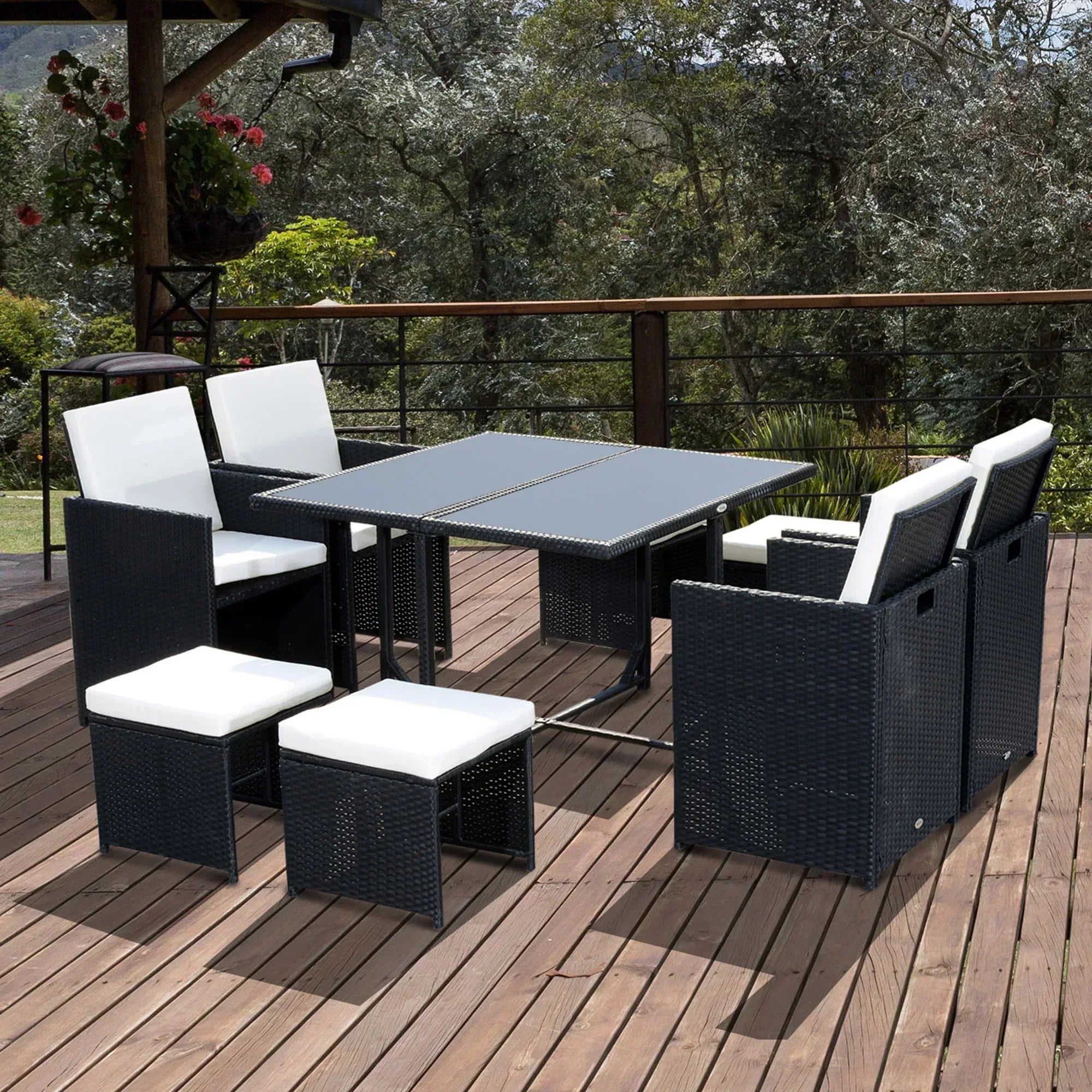 8 Seater Rattan Cube Garden Furniture Set, Rattan Dining Set with Cushions, Outdoor Dining Table and Chairs with 4 Armchairs, 4 Stools, Square Glass Top Table, Black - Bobobiy