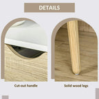 Oak drawer with curved cut-out handle and solid wood legs on white nightstand