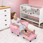 Toddler pink armchair with cloud star pattern, armrests, and pull-out ottoman