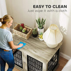 Grey pet crate end table with wipe-clean style surface and black wire door panels