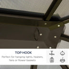 Steel gazebo frame with top hook for hanging lights, heaters, fans, or flower baskets