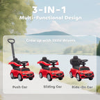 Red 3-in-1 ride-on push car with tall handle, seat, and Mercedes-Benz-style body