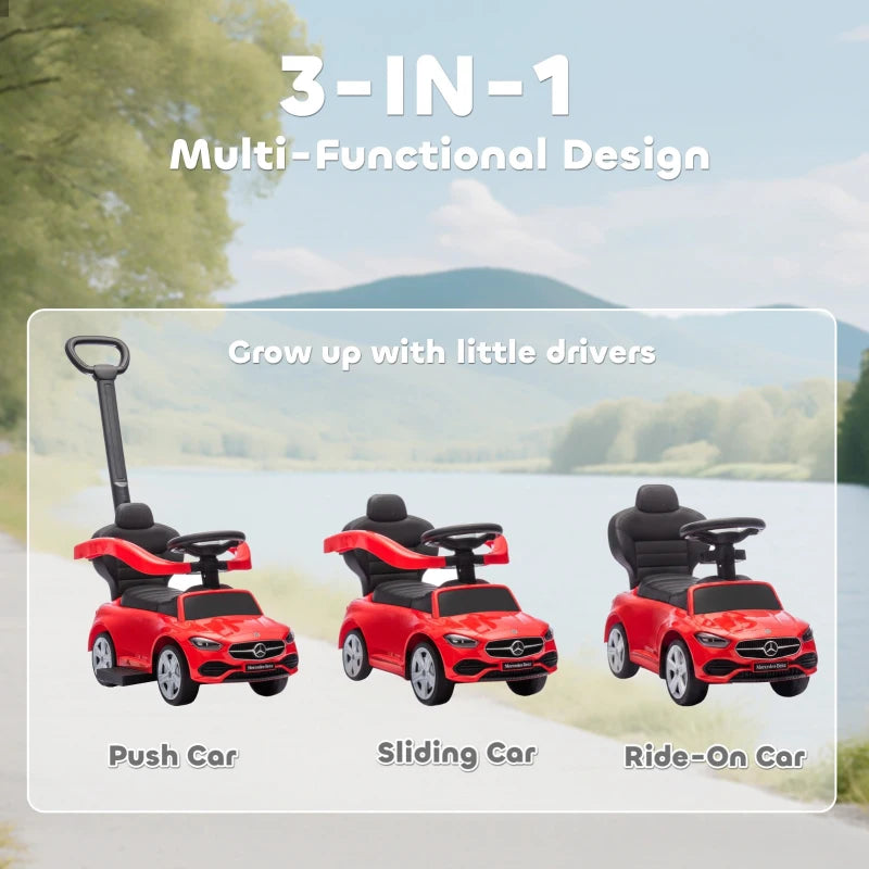 Red 3-in-1 ride-on push car with tall handle, seat, and Mercedes-Benz-style body