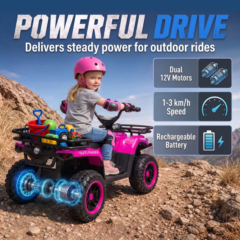 Pink kids electric quad bike with handlebar lights and dual motor styling