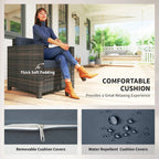 Rattan armchair with thick navy cushion and illustrated removable cushion cover detail.