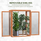 Wood greenhouse cold frame with removable shelves and multiple potted plants inside