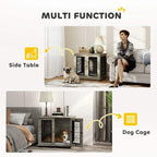 Multi-function gray dog crate end table with side table use and lockable front doors.