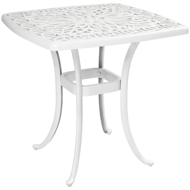 White cast aluminium patio end table with decorative lattice top and umbrella hole