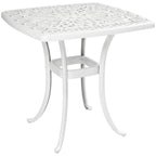 White cast aluminium patio end table with decorative lattice top and umbrella hole