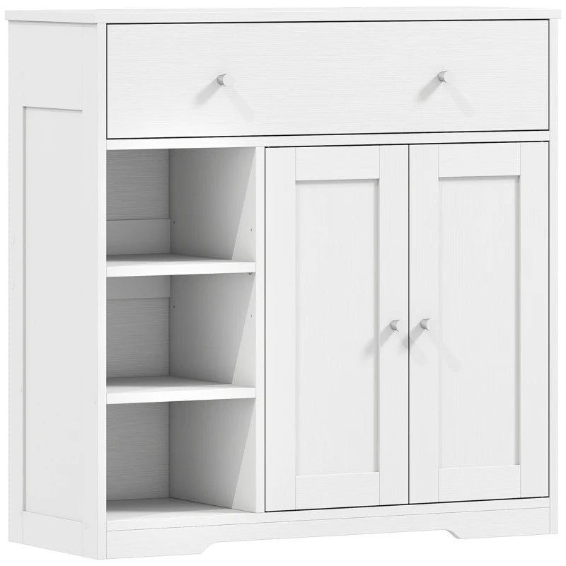 White freestanding bathroom cabinet with top drawer, double doors, and open shelves