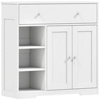 White freestanding bathroom cabinet with top drawer, double doors, and open shelves