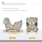 Grey plush bear rocking ride-on toy shown from side and front views