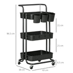 Black three-tier home trolley with curved handle, hanging cups, and four wheels