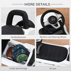 Kids ride-on car details: black handle/backrest, steering wheel, and under-seat storage
