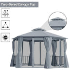 Grey hexagon gazebo with two-tier canopy top and hanging curtains with side openings