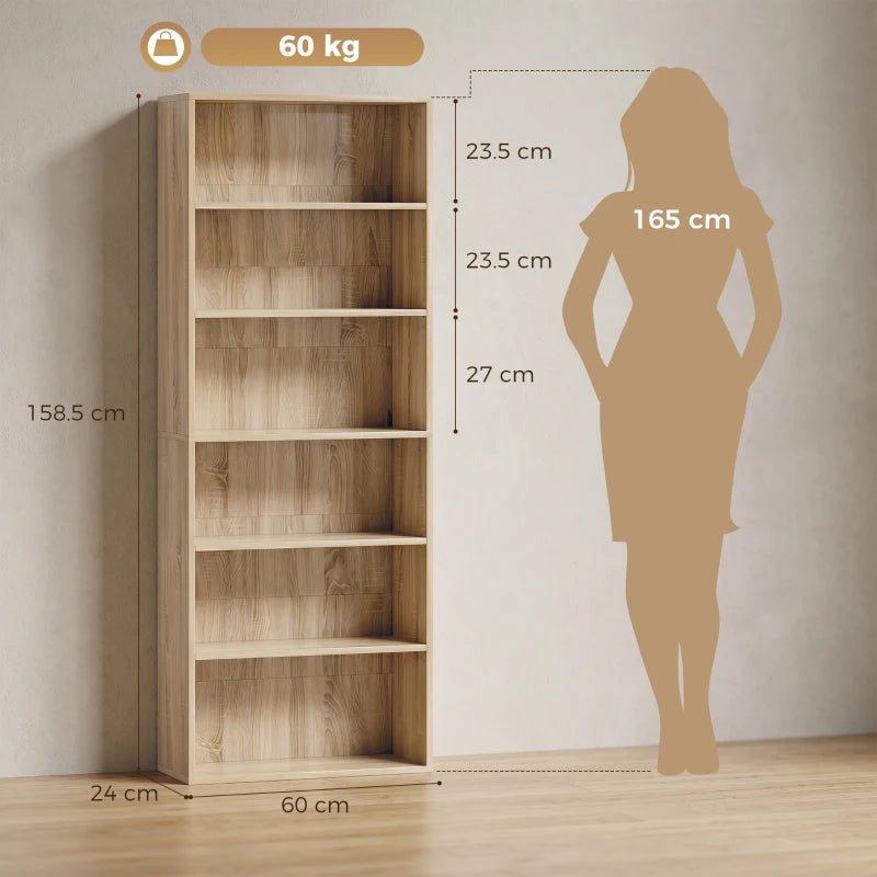 Oak wood effect bookcase with open shelves; shown height 158.5 cm and width 60 cm