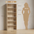 Oak wood effect bookcase with open shelves; shown height 158.5 cm and width 60 cm