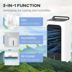 White portable air cooler showing 3-in-1 setup with ice cooling and humidifier area