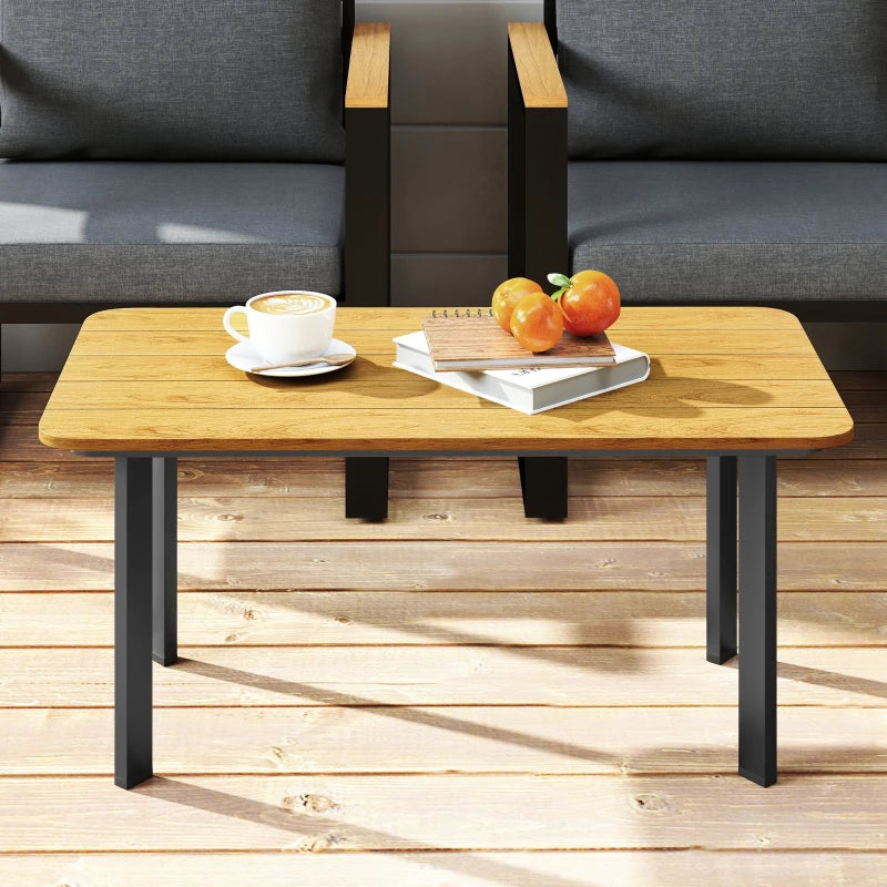 Wood-toned coffee table with slatted top and dark metal legs