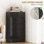 High-gloss black 5-drawer dresser cabinet with straight, handleless fronts and stable base.