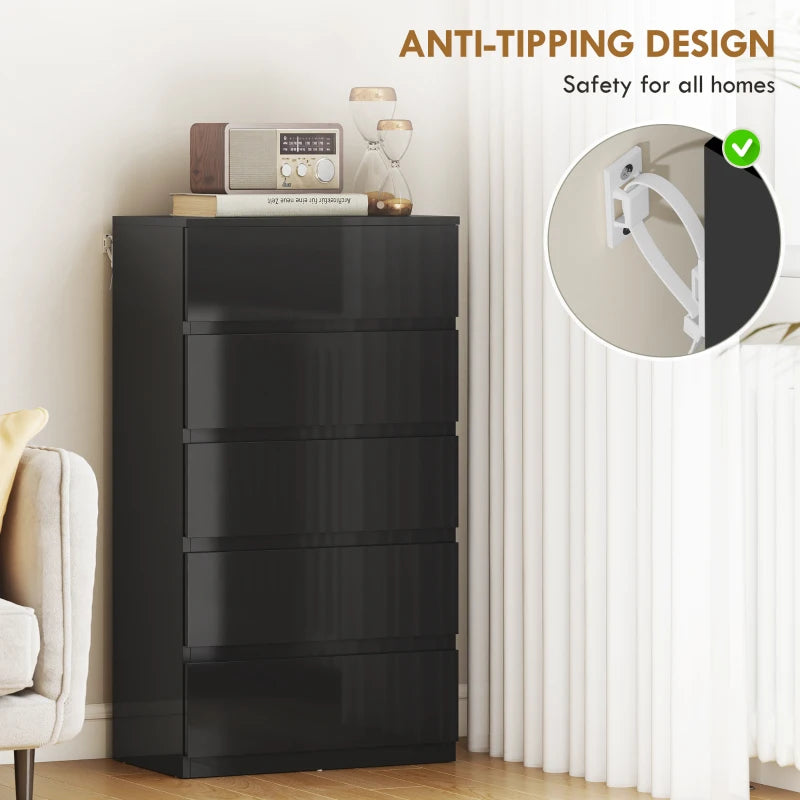 High-gloss black 5-drawer dresser cabinet with straight, handleless fronts and stable base.