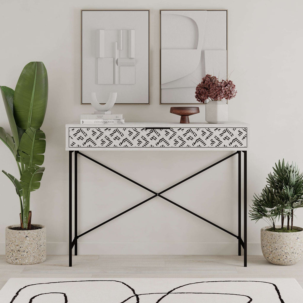 Anthracite grey console display unit with patterned drawer panel and black metal X-frame legs