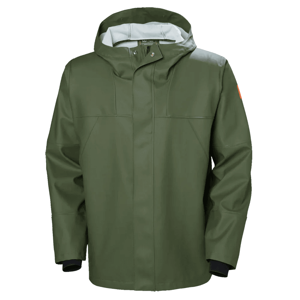 Olive-green waterproof rain jacket, front view with raised collar, hood, and zip