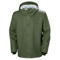 Olive-green waterproof rain jacket, front view with raised collar, hood, and zip