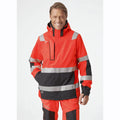 Orange waterproof shell jacket with reflective silver bands and black hood trim