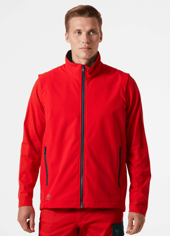 Red softshell zip-up vest with stand collar and front zip