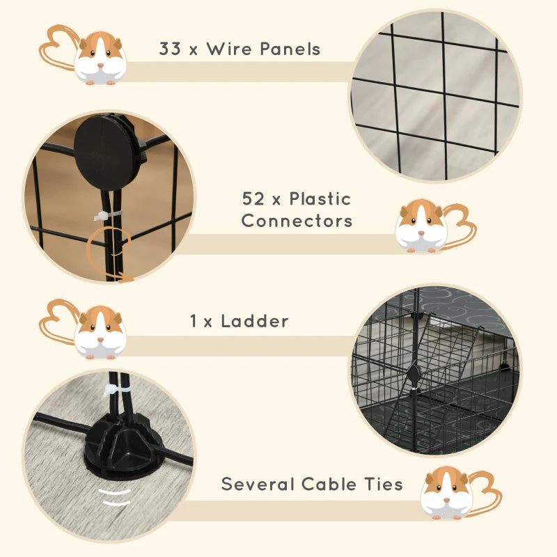 Pet playpen parts diagram showing wire panels, plastic connectors, ladder, and cable ties