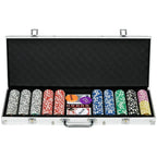 Aluminum poker chip carrying case with rows of mixed-color chips and card decks inside