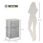 3-tier drawer cabinet with grey fabric bins and light wood-look top, with height silhouette