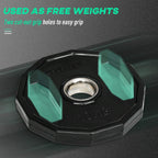 Black rubber Olympic bumper plate with central steel ring and four grip cut-outs.