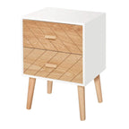 White bedside cabinet with two natural wood drawers and pine legs, diagonal wood-grain pattern