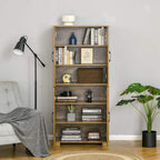Rustic open shelving cabinet with multiple compartments in natural wood frame