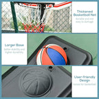 Thick basketball net and larger base of portable hoop, red rim on backboard