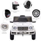 Front view of white kids electric ride-on car toy with working headlights and wide textured tires
