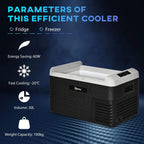Grey and black portable car refrigerator showing front panel and vented grille sides