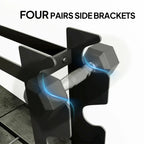 Black side bracket for dumbbell rack with angled pegs holding a dumbbell
