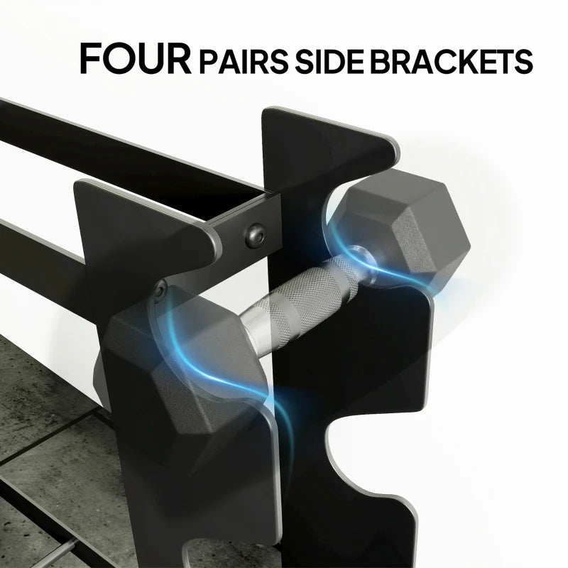 Black side bracket for dumbbell rack with angled pegs holding a dumbbell